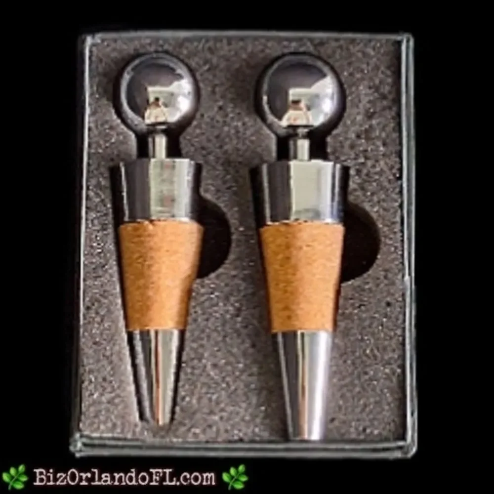 VINTAGE: Leed's Chrome & Cork Wine Decorative Stoppers Set of 2 ** NEW IN BOX **